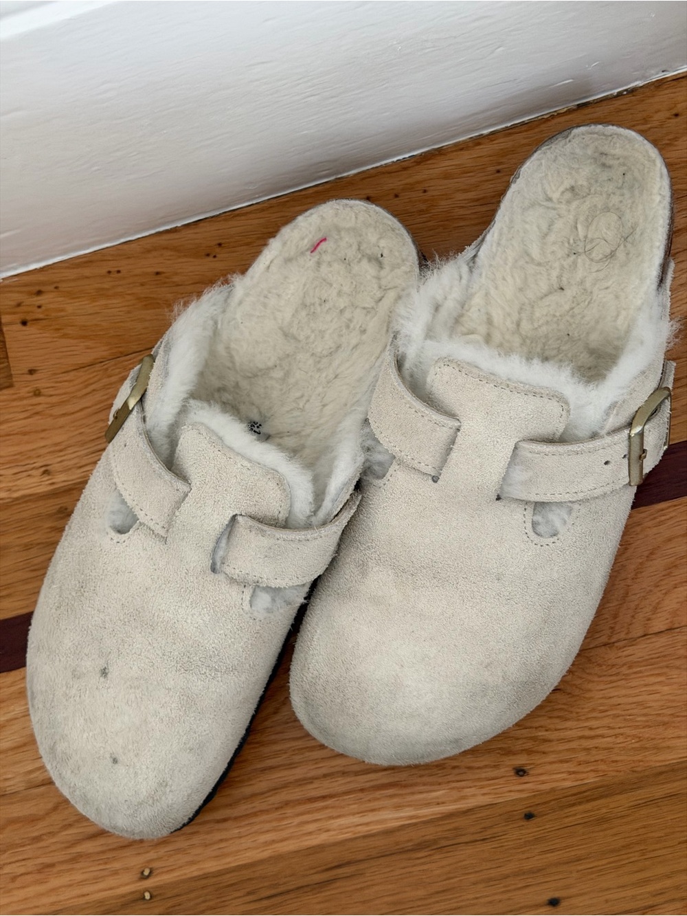 Birkenstock Cream Suede Shearling-Lined Clogs with Buckle